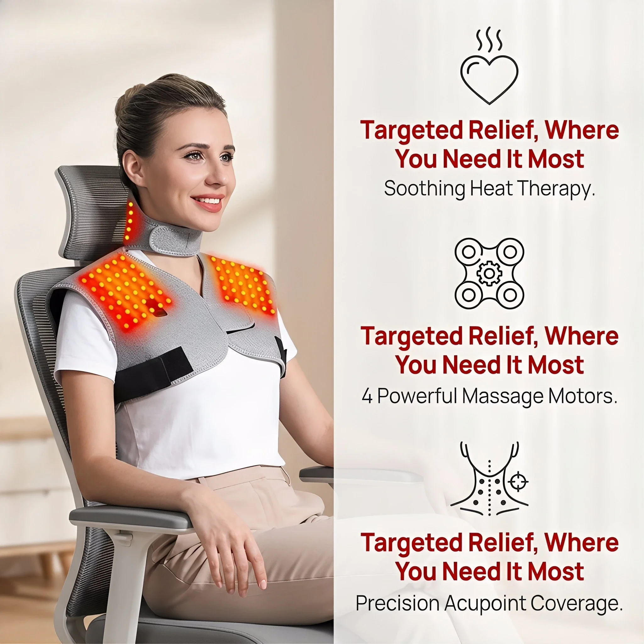 Red Light Heated Shoulder Neck Back Support 3 Gear Vibration Muscle Relaxation Relief Pain Back Massager Helpful for Sleep