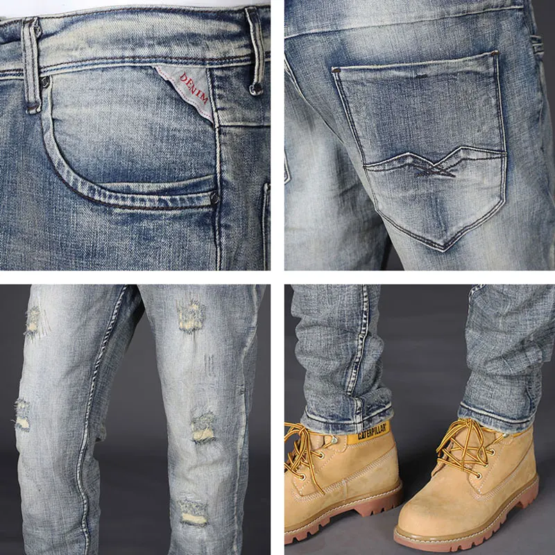 Newly Designer Fashion Men Jeans Retro Gray Blue Elastic Slim Fit Ripped Jeans Men Patchwork Vintage Casual Denim Pants Hombre