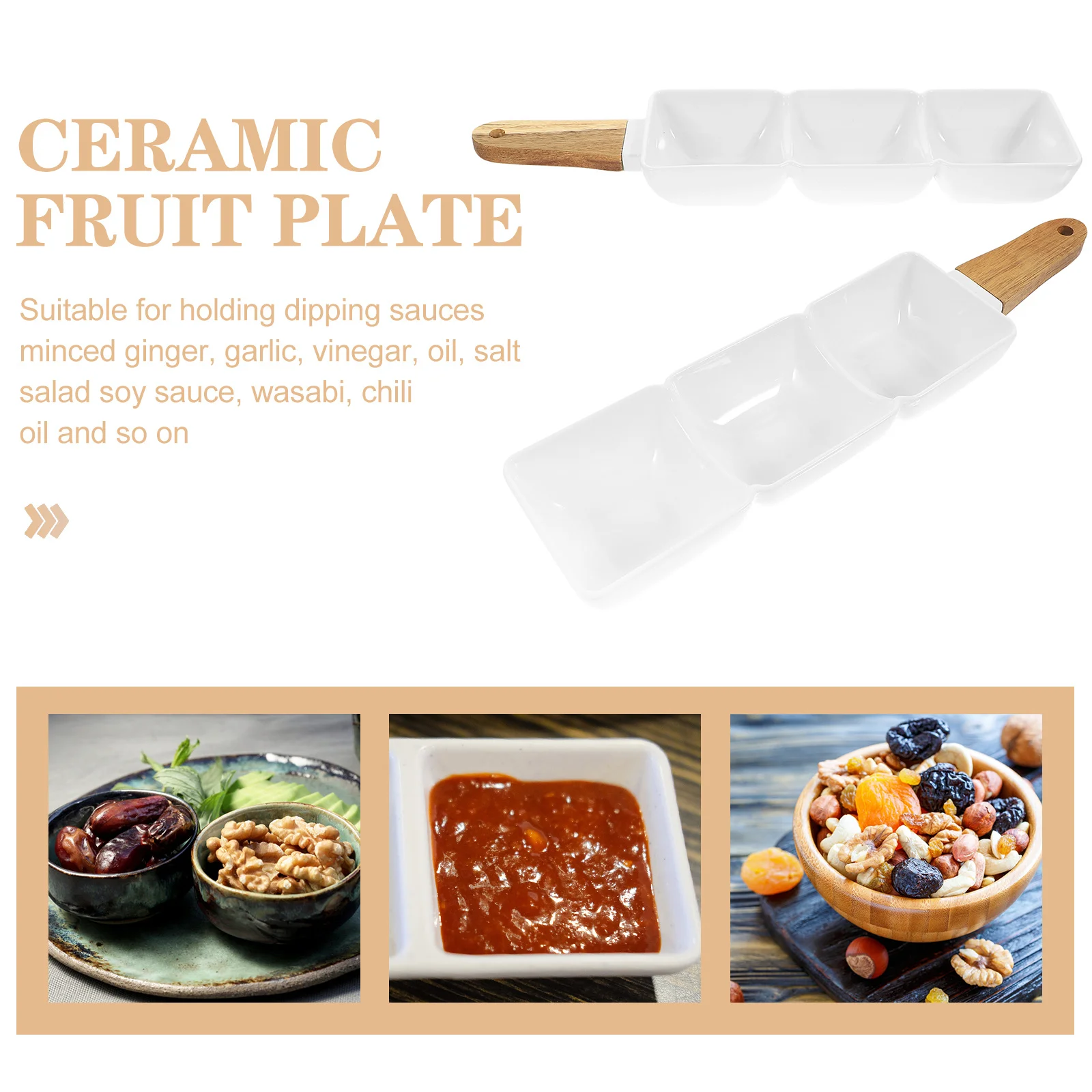 

2Pcs Ceramic Snack Bowl Three-Compartment Divided Plate with Handle for Sauce Dipping Seasoning Salad Food Serving Dish