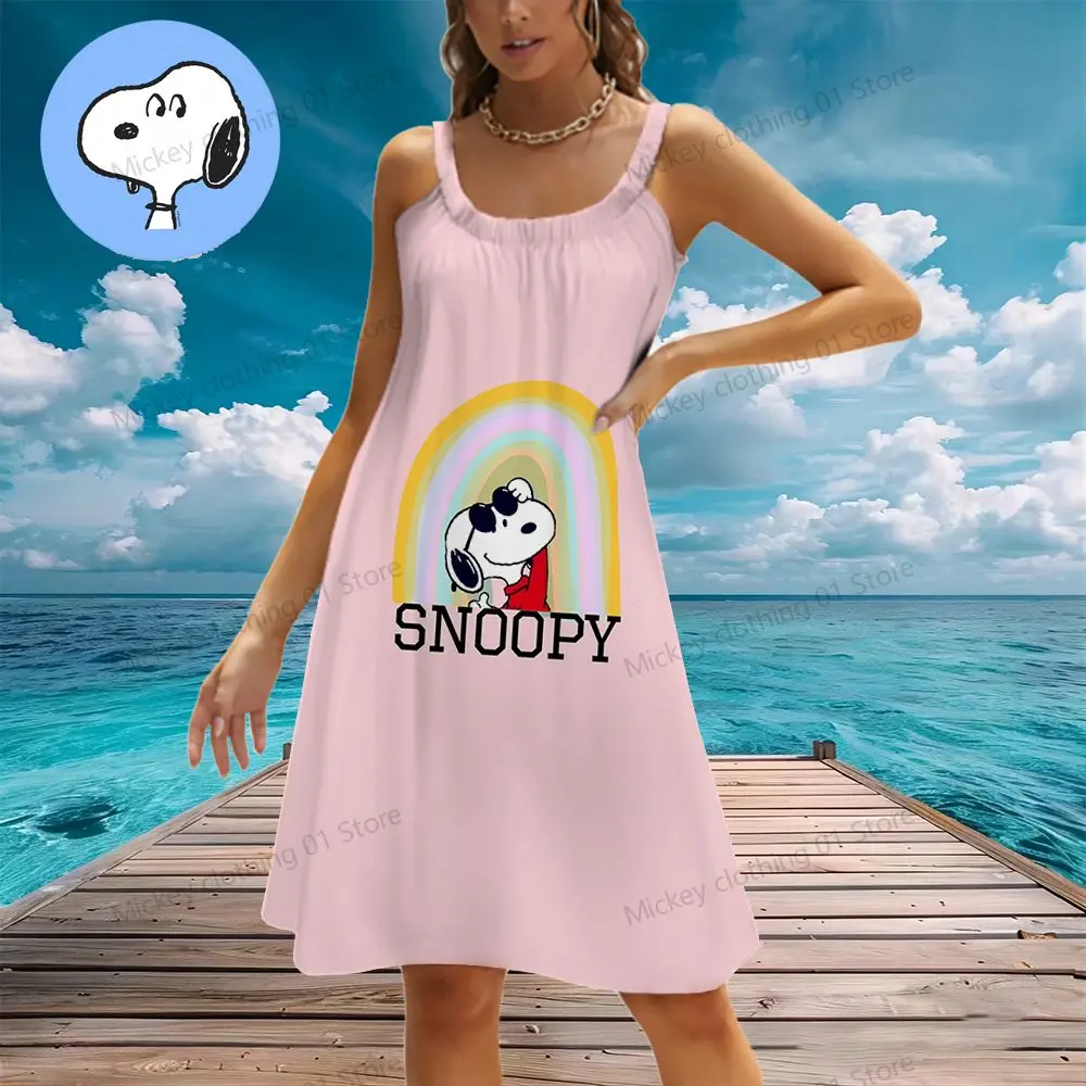 Women's Beach Dresses Snoopy Kawaii Elegant Chic Dress Youthful Woman Clothes 2024 Y2k Summer Leisure S-3XL Anime Boho Sanrio