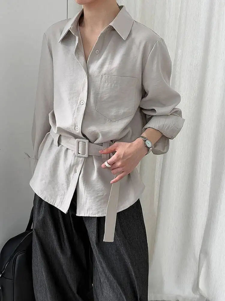 

Women Gray Brief Belted Big Size Elegant Blouse New Lapel Long Sleeve Shirt Fashion Tide Spring Autumn