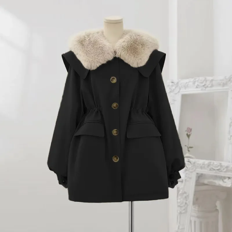 Medium Long Plus Velvet Pai Overcome Receive Waist Heavy Fur Collar 2024 Winter New Design Thick Cotton-Padded Keep Warm Coat