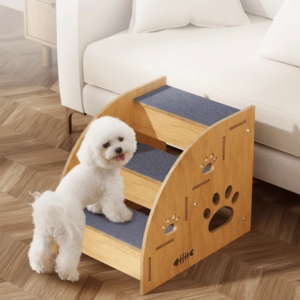 

Non-Slip Wooden Dog Stairs Sturdy Wear-Resistant Pet Staircase Removable Safety Railing Pet Steps for Cats and Dogs