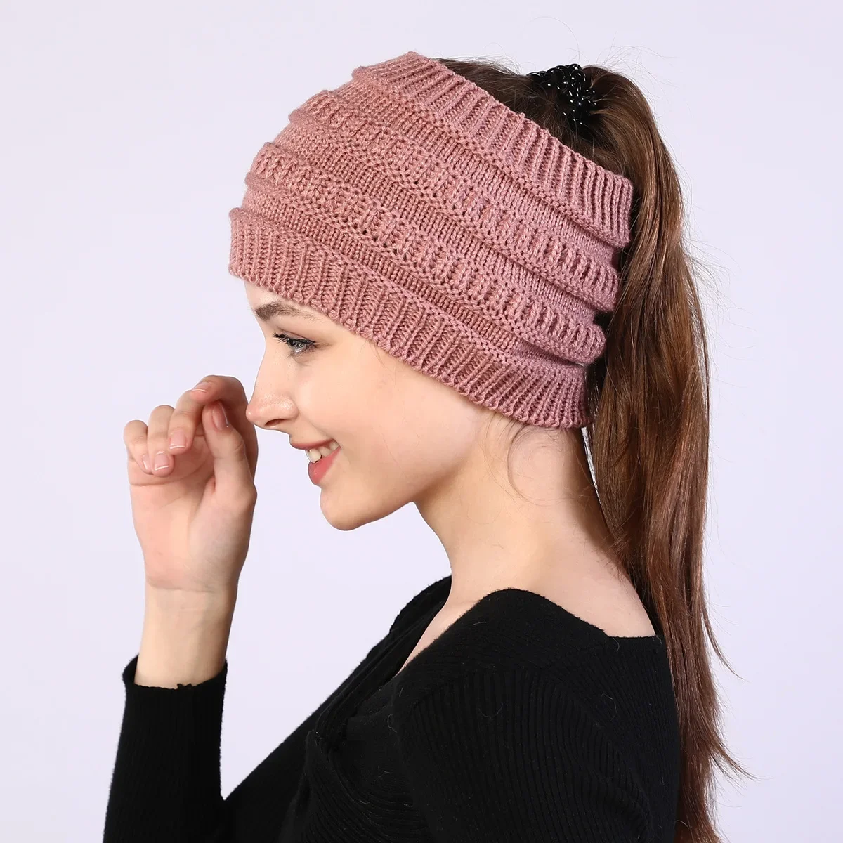 Fashion Winter Knitted Hat Ponytail Beanie For Women Casual Warm Caps Female Beanies Women Hats Ladies Skullies Solid Color 2023