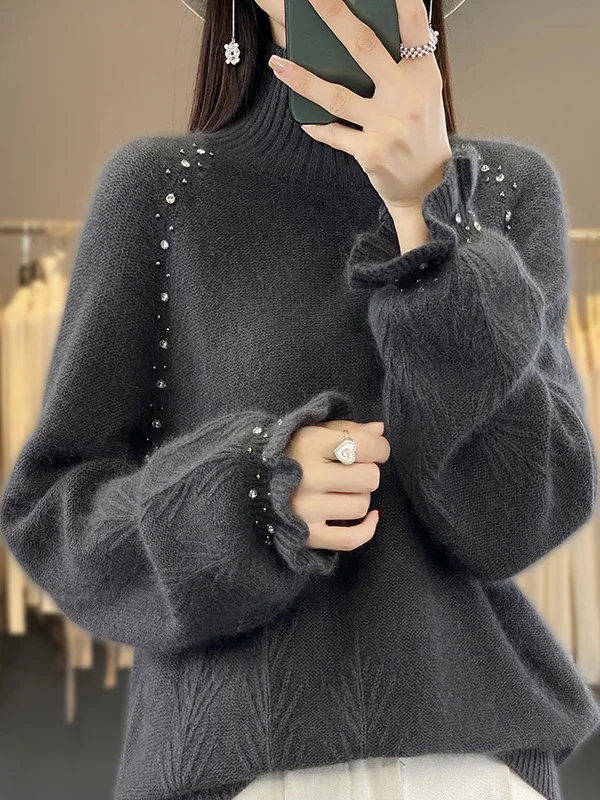 Autumn Winter Women's Cashmere Sweater Loose Half High Collar Diamond Princess Sleeve Knitted Slimming Wool Base Shirt Thick
