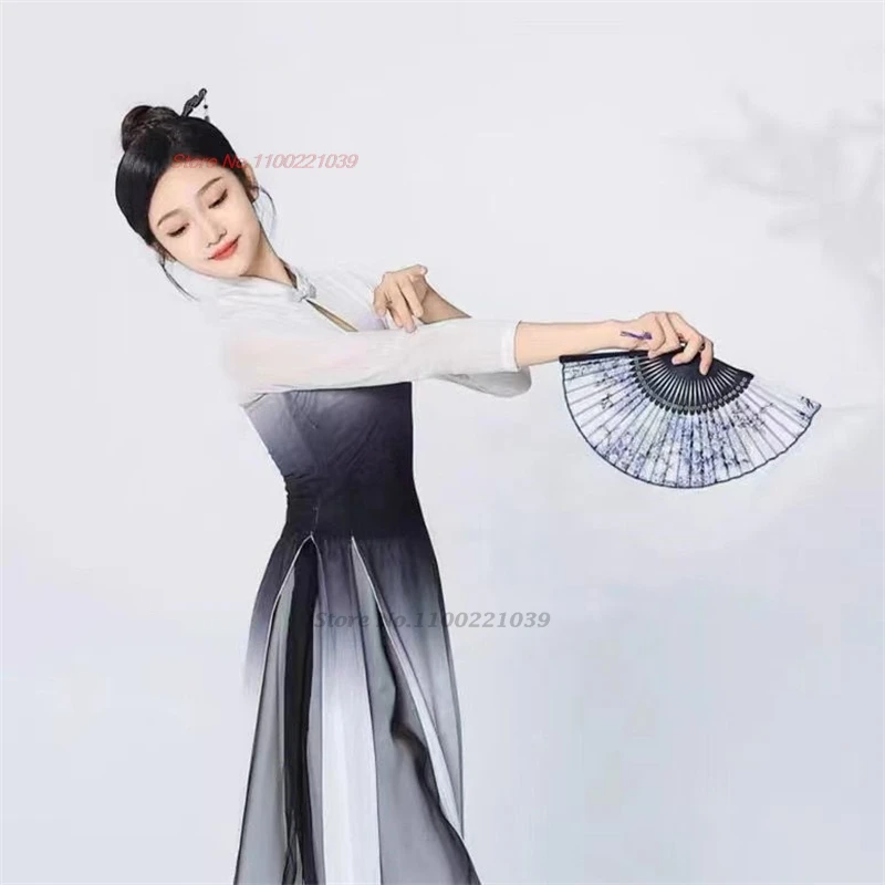 2026 chinese vintage folk dress gradient color qipao tops+pants set festival stage dress oriental performance folk dance suit