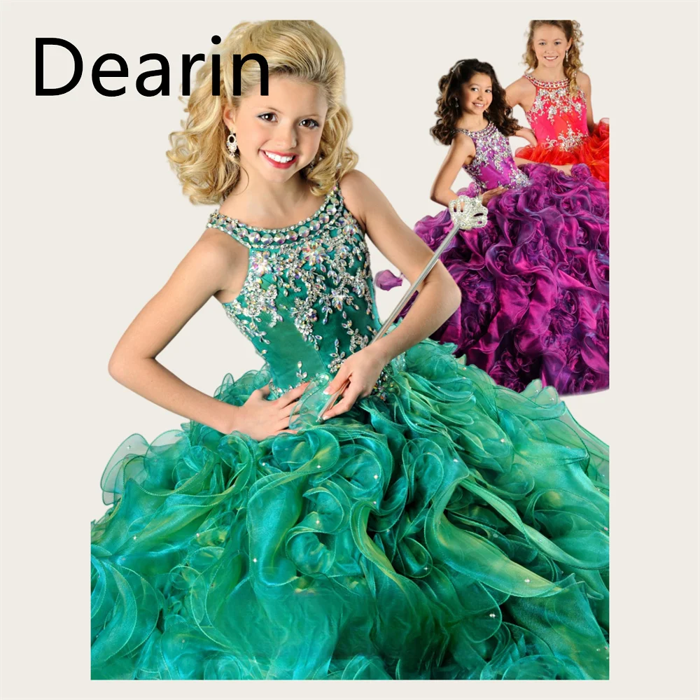 Vestido de menina de flor personalizado Dearin ombro cinto linha A até o chão saias vestidos de lantejoulas de tule