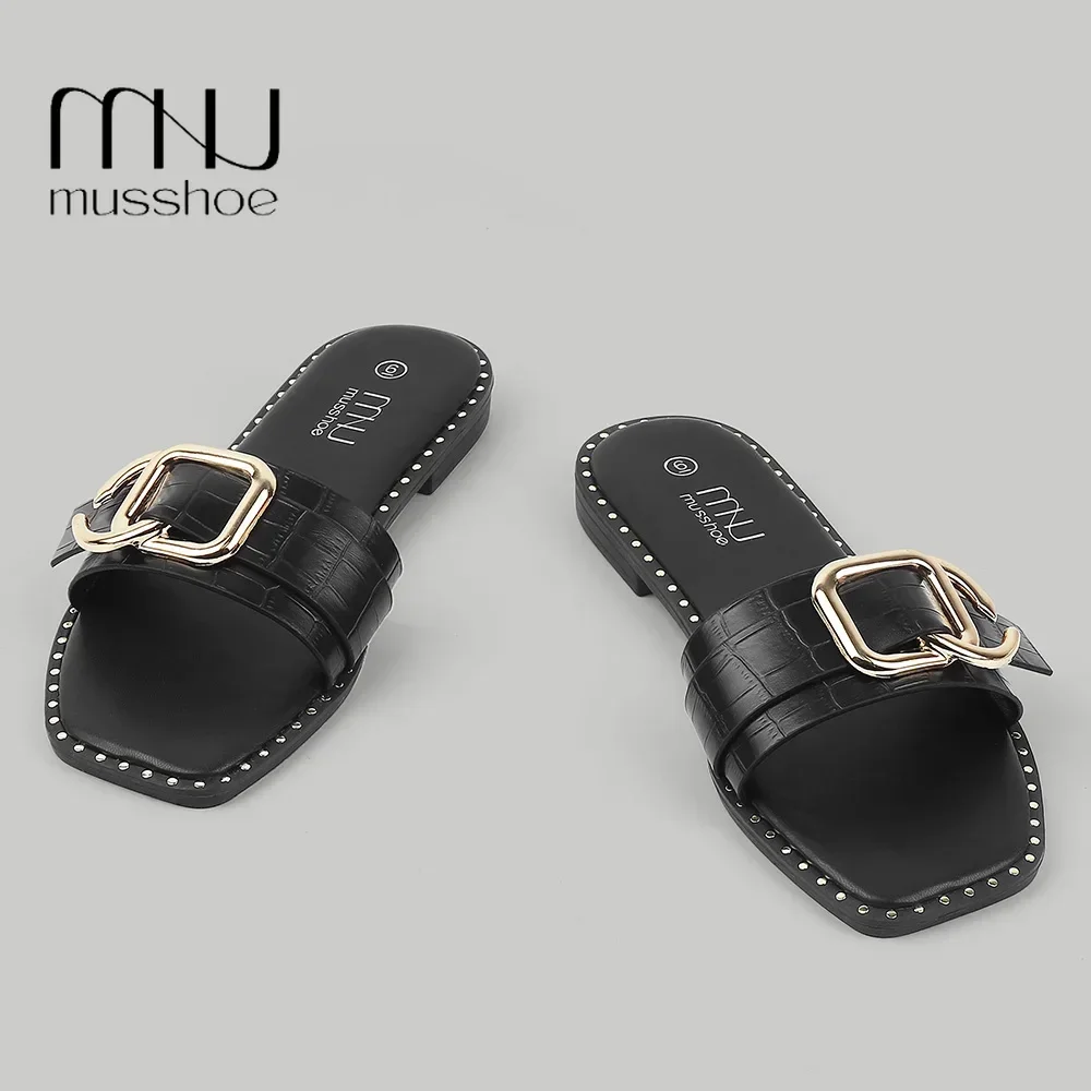 MUSSHOE Ladies Leather Belt Buckle Slipper Fashion Solid Color Open Toe Flat Sandals Patent Leather Women Walking Flat Slippers