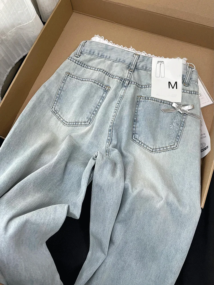 Nuovi Jeans da donna blu moda Vintage Y2K Streetwear a vita alta Jeans a gamba larga pantaloni femminili 2024 pantaloni larghi in Denim consumati