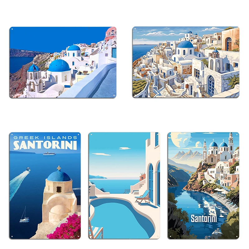 Santorini Greece Travel Metal Sign Cinema Sign Plaques Living Room Customized Santorini City Tin Sign Poster