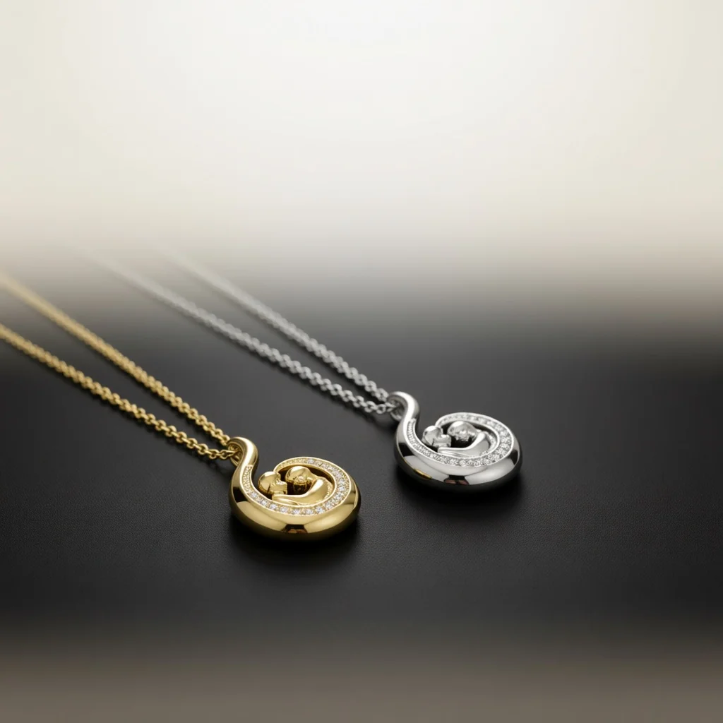 Heartfelt Two-Tone Mother Baby Embrace Zircon Copper Pendant Necklace for Ladies, Jewelry for Banquet & Birthday Occasions