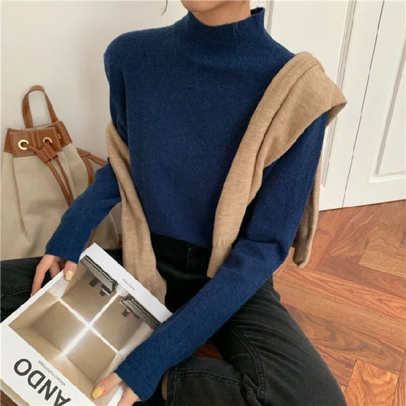 

Half Turtleneck Base Shirt Women Spring Fashionable New Versatile Student Solid Color Long-sleeved Sweater Top