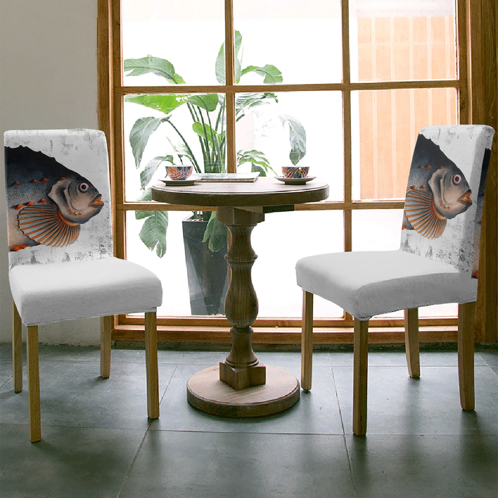 Antique Mottled Oil Painting Fish Chair Cover for Dining Room Banquet Party Spandex Stretch Seat Cover Wedding Chair Cover