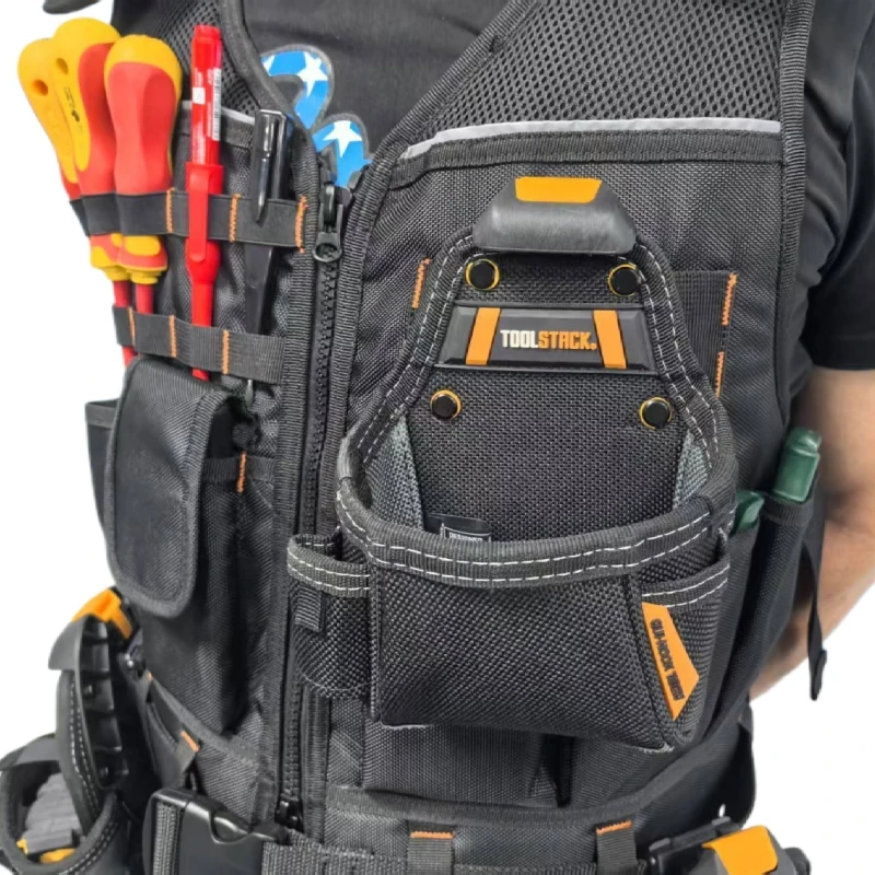 TOOLSTACK Robuste Arbeitsweste mit Mehreren Taschen, Langlebige Atmungsaktive Bauweste, Verstellbare Multifunktionale Elektrikerweste – Detail 10