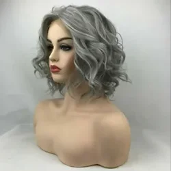 Women Shoulder Length T Part Lace Front Wigs Synthetic Curly Wig Wavy Gray Short