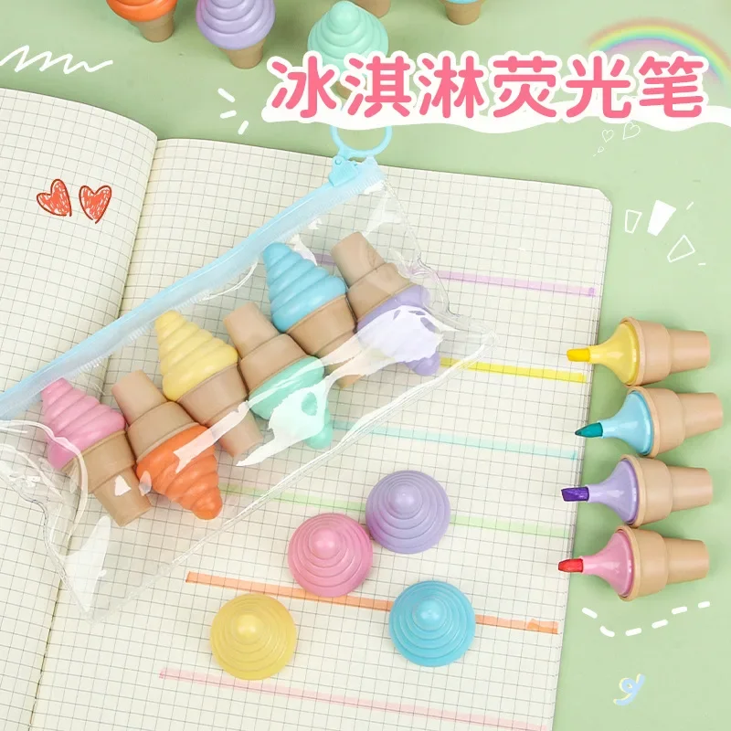 6pcs kawaii Ice Cream Highlighter pens fluorescent pen cute Marker Pens Art Painting School Supplies Stationery for kids gift