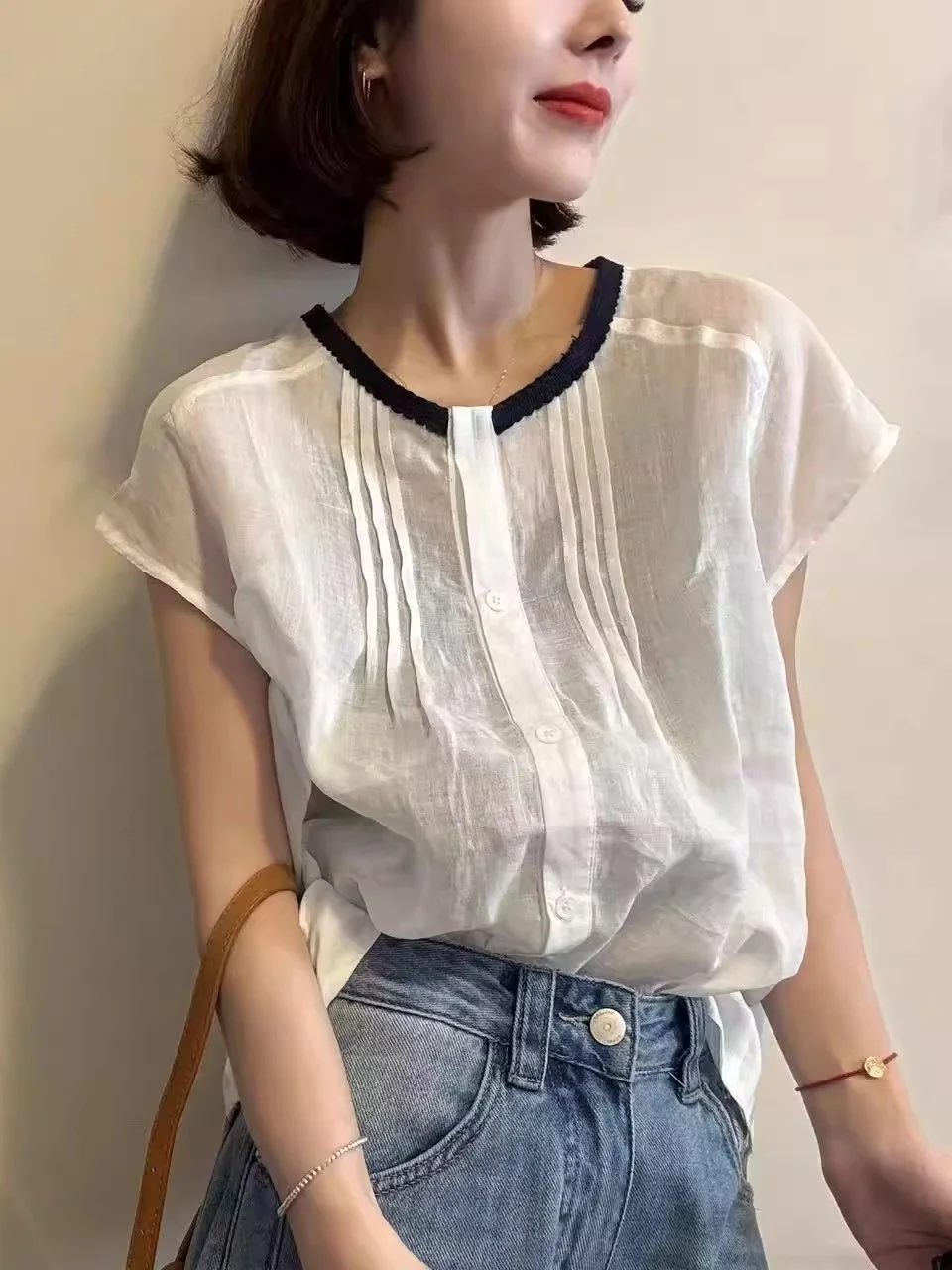 Casual in cotone e lino da donna irt round Ne ort Sve Top sopra la testa di grandi dimensioni coreano Sle Faionable Pendolarismo artistico