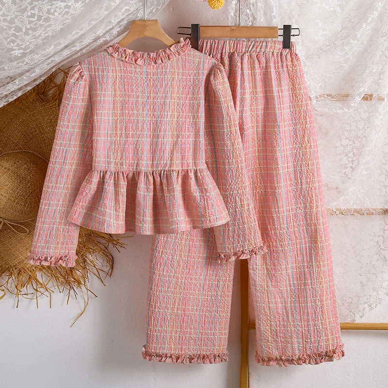 Kids Girls Casual Set 8-12 Years, Ruffle Neck Long Sleeve Plaid Shirt & Fringe Wide Leg Trousers Spring Autumn Daily Wear