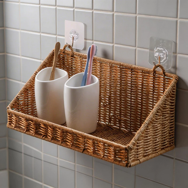 1pc Rustic Wall-Mounted Basket with Hooks - Woven Rattan Storage Hamper Suitable for Bathroom, Kitchen, Bedroom & Living Room
