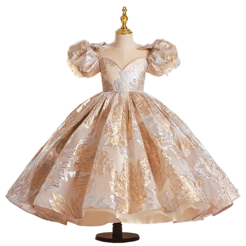 2024 Luxury Bubble Sleeves Girls Dress Fashion Round Neck Princess Dresses Holiday Party Children\'s Vestidos Ball Gown for Girl