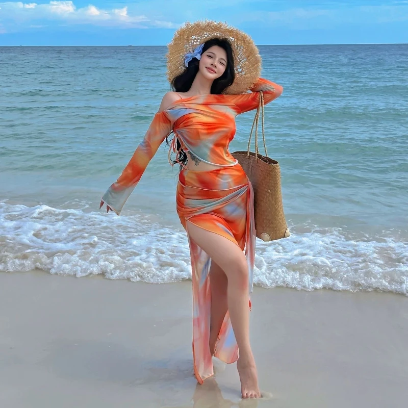 

Tie Dye Women's 4 Piece Swimsuit Set Sexy Bikini With Cover Up Maxi Skirt Beachwear For Summer Vacation