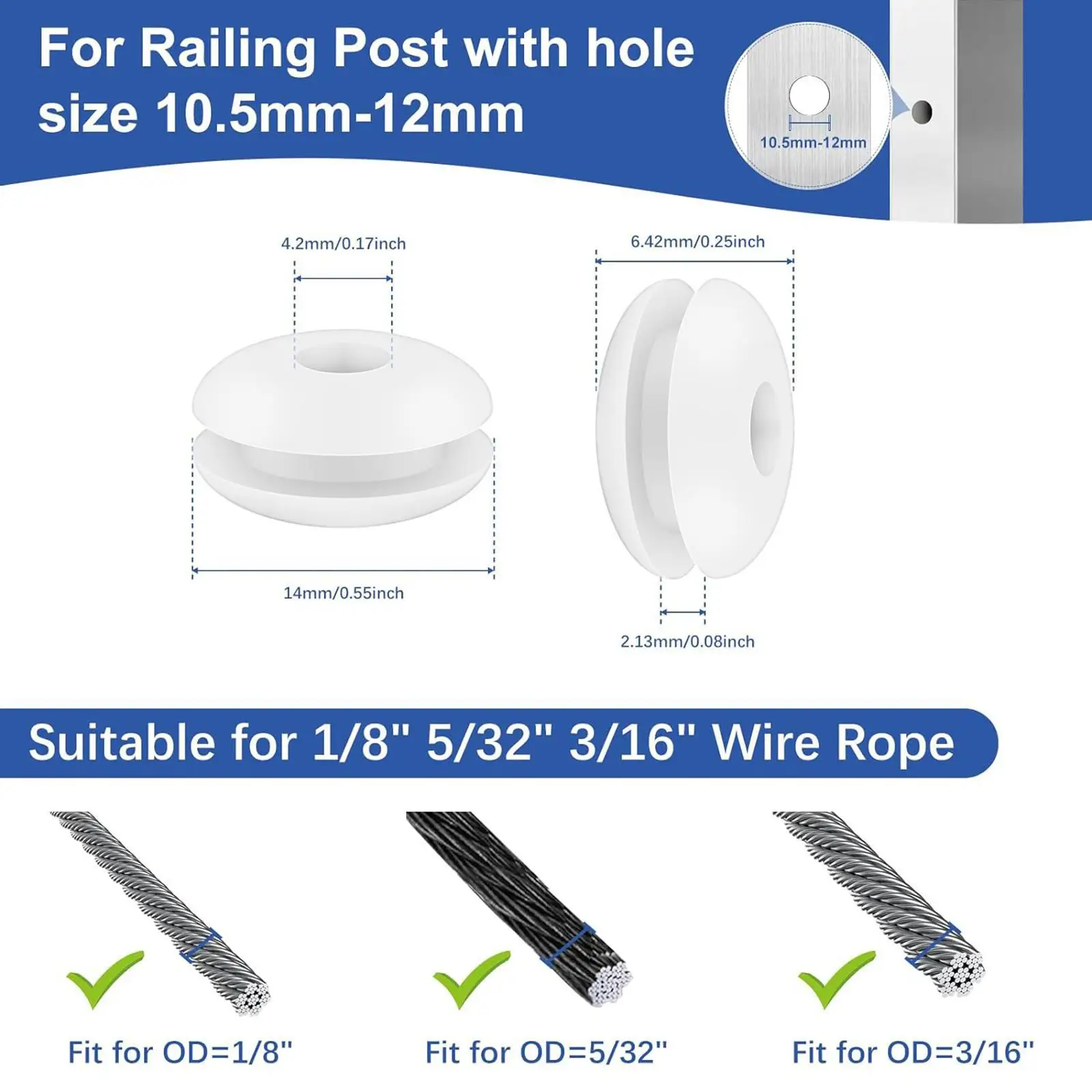 Cable Grommets for 1/8 5/32 3/16 Inch Wheel Wire Protector Sleeve White Silicone Ring Hardware Deck Fence Kit