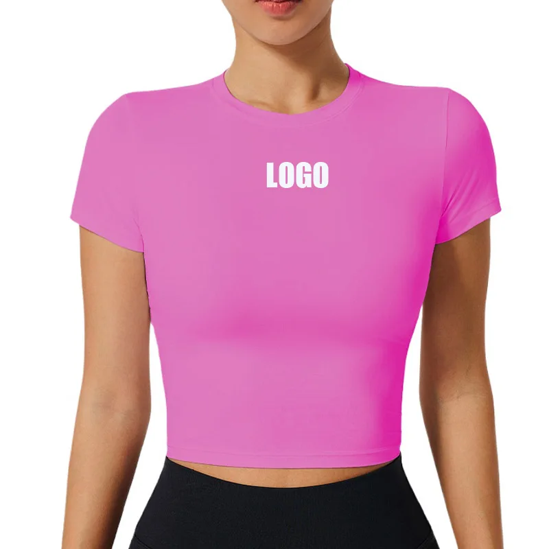Custom LOGO women's outdoor quick-drying tight-fitting breathable fitness short-sleeved T-shirt casual sports running waist top