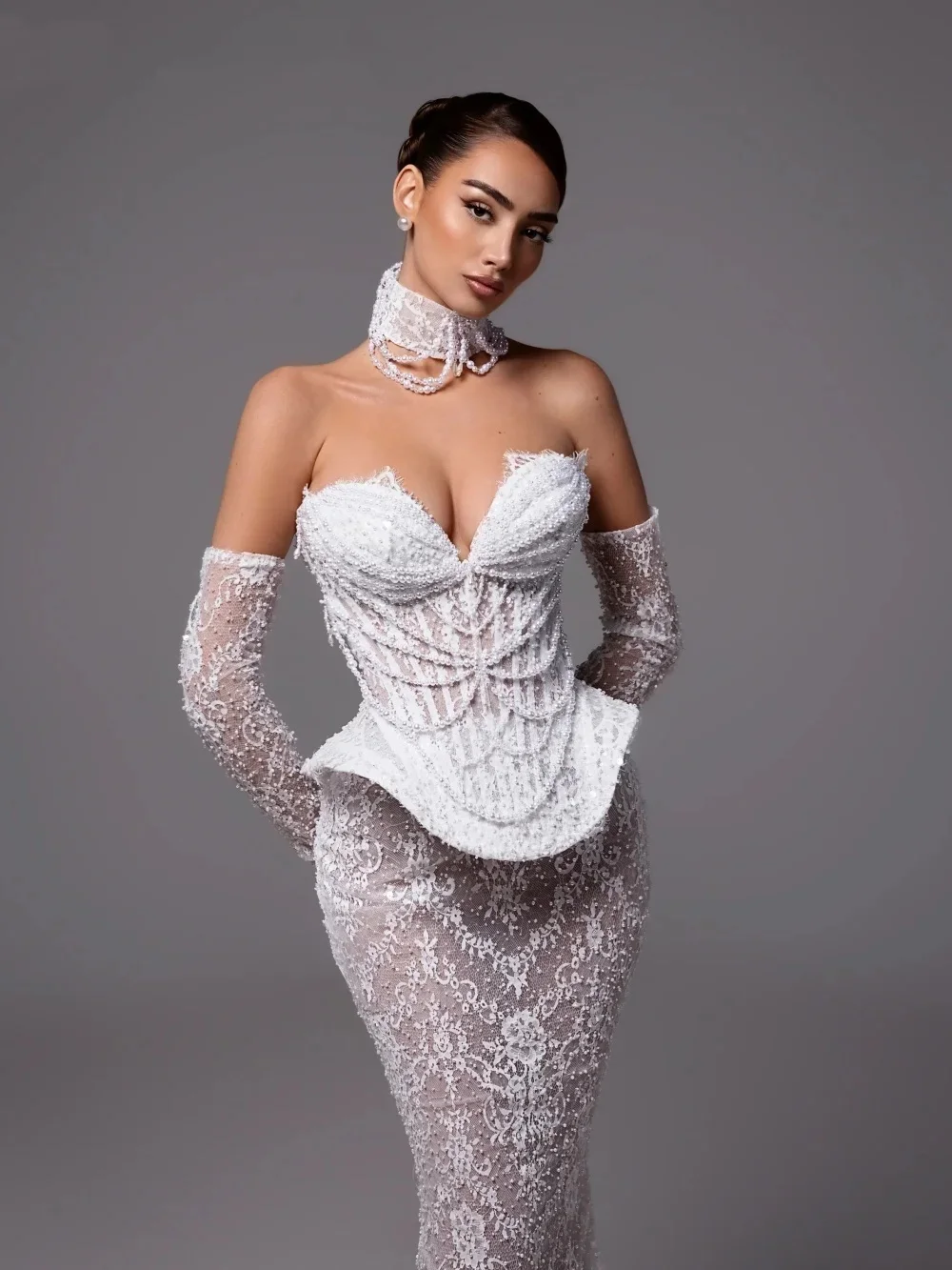 Fancy Wedding Dresses Strapless Mermaid Bridal Gowns Pearls Appliques Illusion Princess Slim Fit Customized Vestidos De Novia
