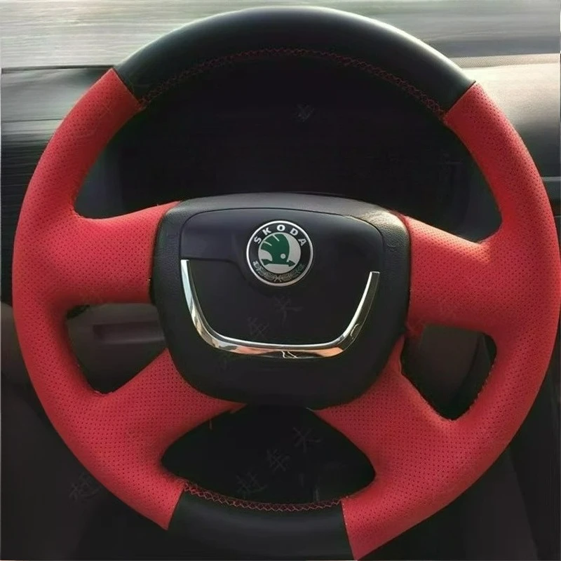 

Hand-stitched renovation black red leather car steering wheel cover For Skoda Octavia 2009-2013 Citigo 2011-2012 Roomster Fabia