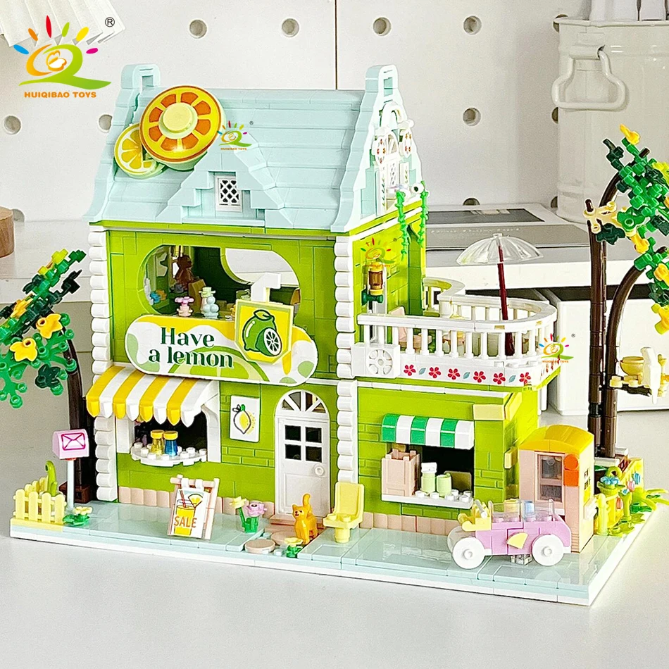 

HUIQIBAO Mini Lemon Tea Shop Model Building Blocks City Street Chocolate Workshop House Construction Micro Bricks Toys Adult