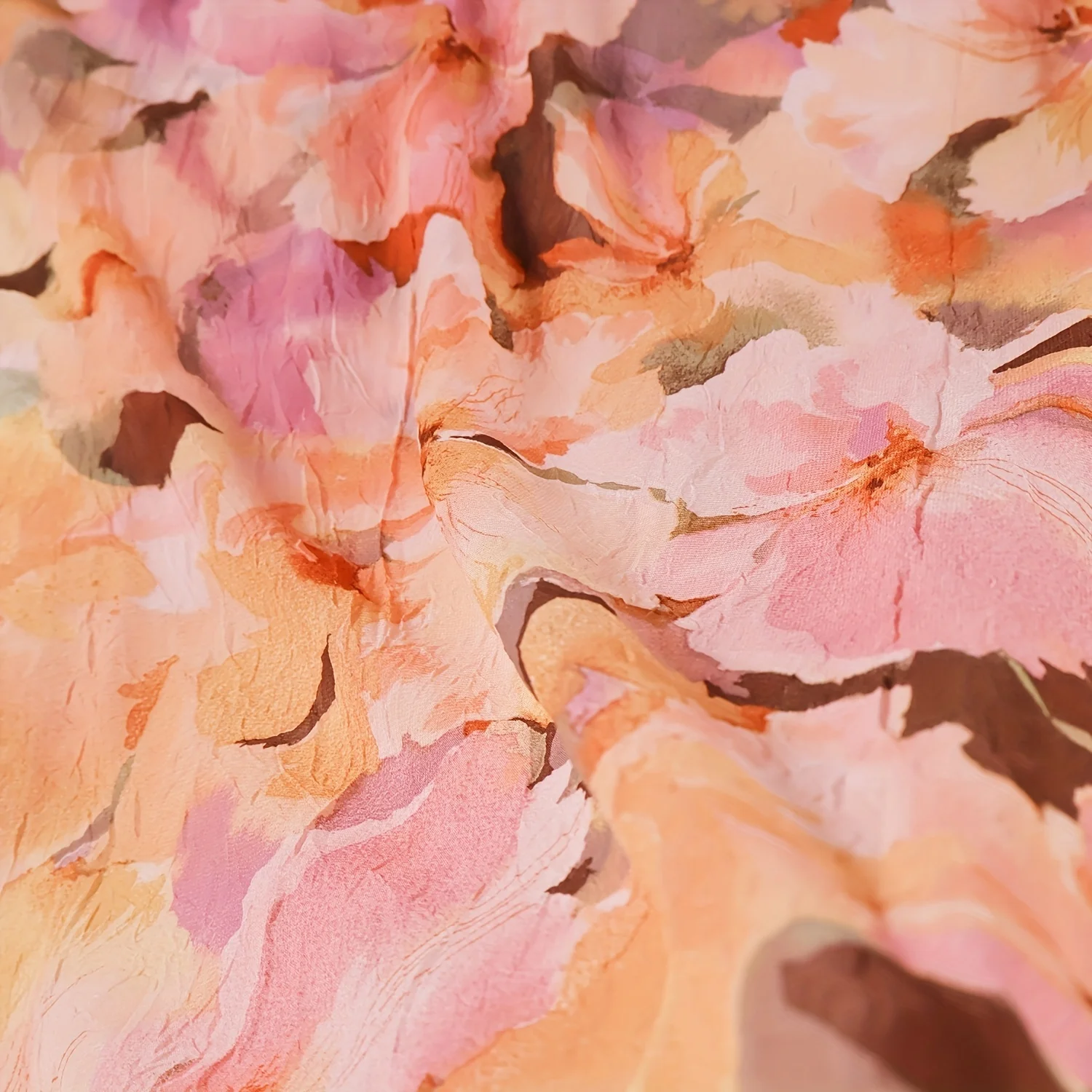 2 Yards Orange Pink Smudged Large Flower Print Asymmetrical Crumpled Chiffon Skirt Shirt Fabric