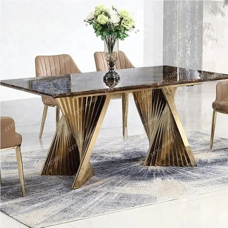 Stainless Steel Gold Frame Dinning Table Set Modern Luxury Marble Top 8 Seat Dining Table Set