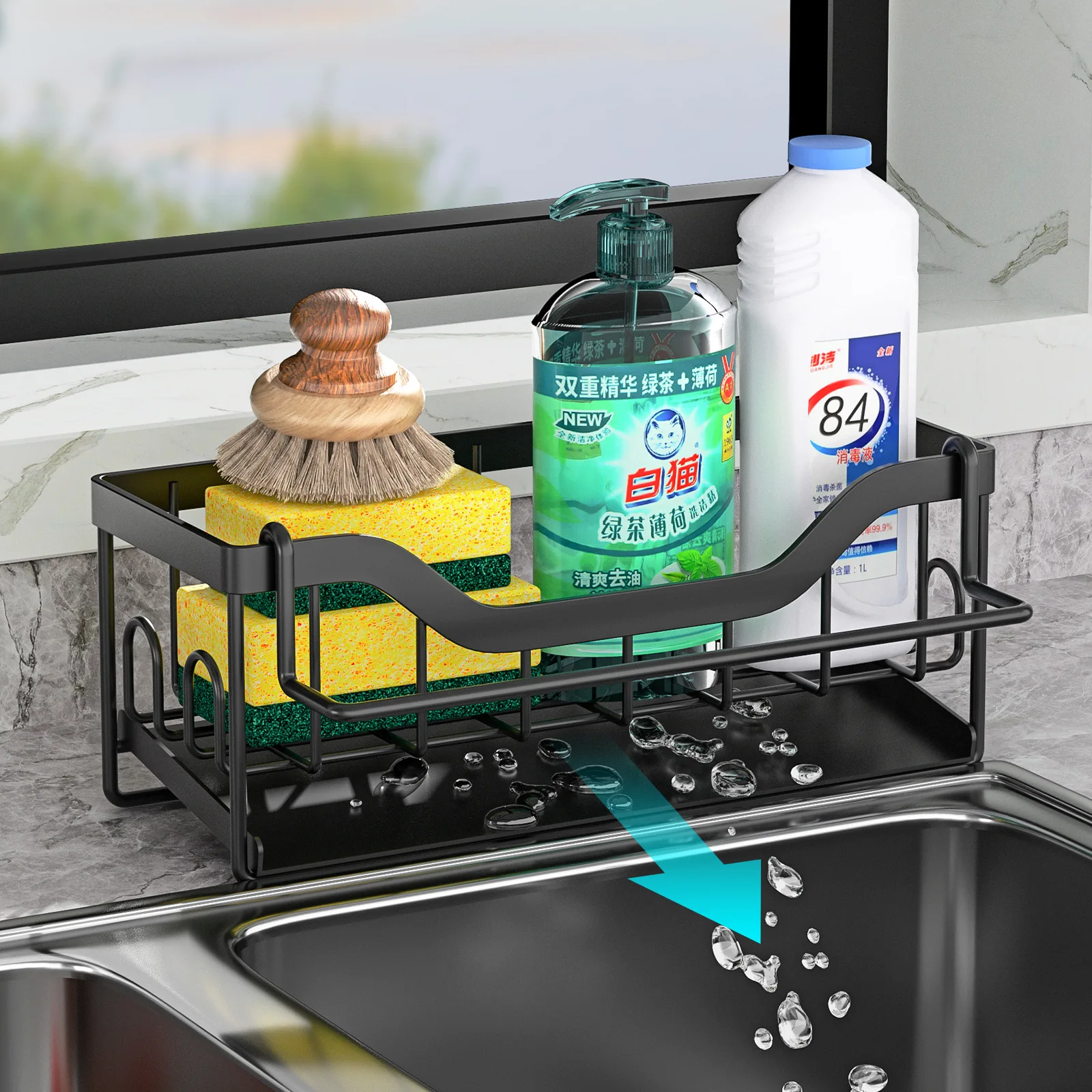 No Punch Wall Mount Storage Rack Draining Basket Kitchen Spice Shelf Sink Rag Holder Bathroom Organizer
