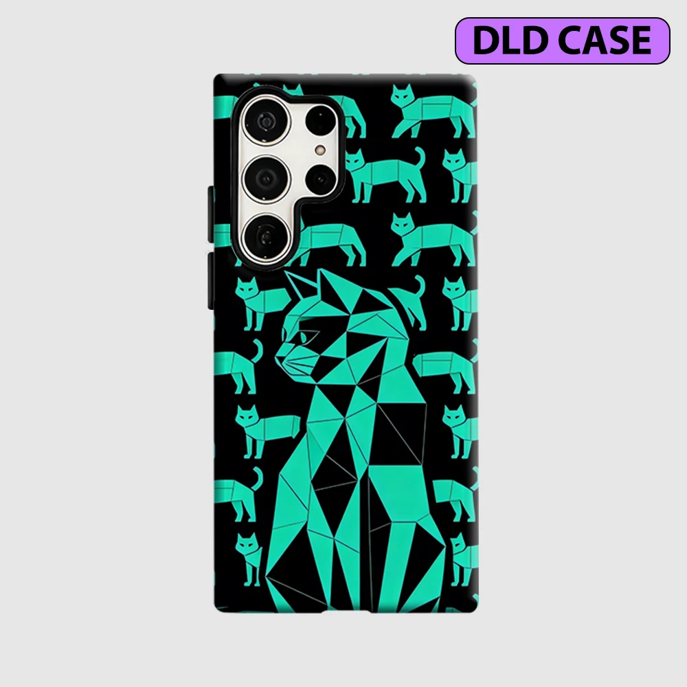 Geometric Glow Cat Phone Case for Samsung Galaxy S26 S25 Ultra S24 S23 Ultra Plus Shockproof Double Layer Tough Back Cover