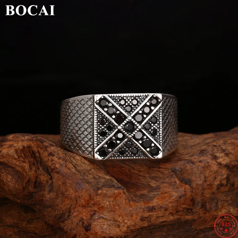 

BOCAI S925 Кольца-подвески из стерлингового серебра для мужчин и женщин Ретро X-образный узор Микроинкрустация Черный циркон Модные ювелирные изделия в стиле панк Оптовая продажа