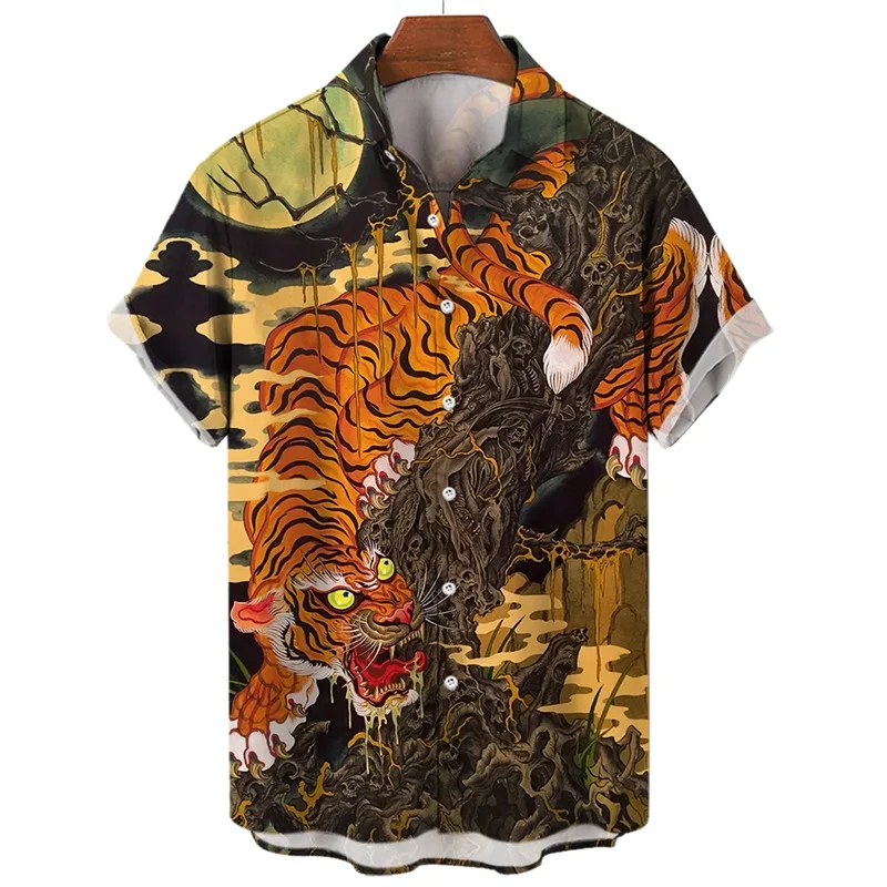 

Full Print Animal Tiger Pattern Beach Shirt For Men Summer Short Sleeve Lapel Hawaiian Shirt Clothes Men's Button Aloha Shirt
