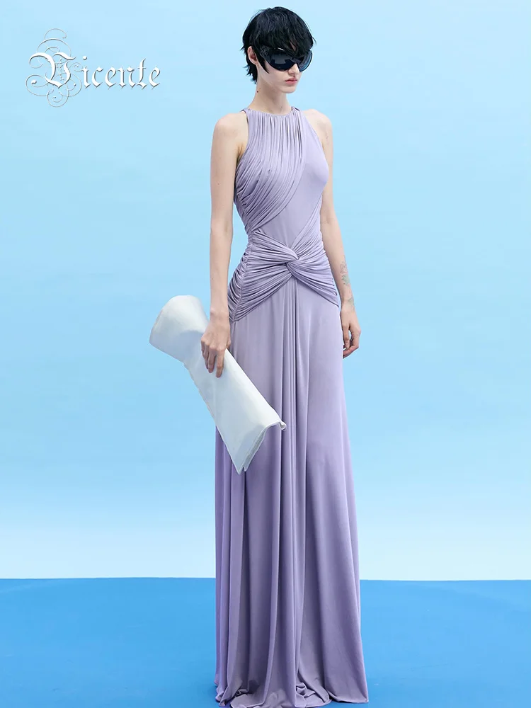 Elegant Lavender Halter Maxi Dress Twisted Waist Ruched Formal Evening Gown Sleeveless High Neck Party Wedding Guest Long Dress