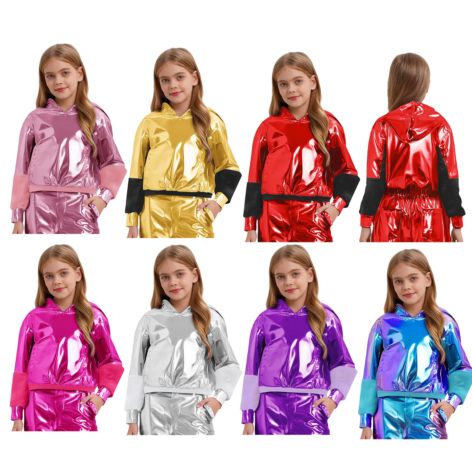 재즈 라틴 모던 댄스 소녀 메탈릭 스웨트셔츠 재킷 어린이 소년 반짝이는 긴 소매 후드 코트 무대 공연용