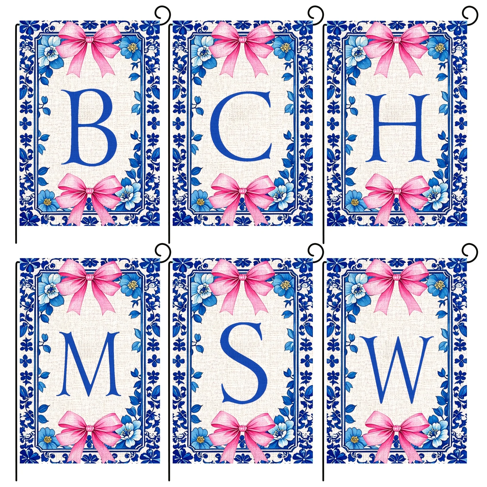 Bandera de jardín Chinoiserie de 1 pieza, bandera inicial con nombre de lino con diseño floral azul y blanco y lazo rosa, perfecta para primavera y verano