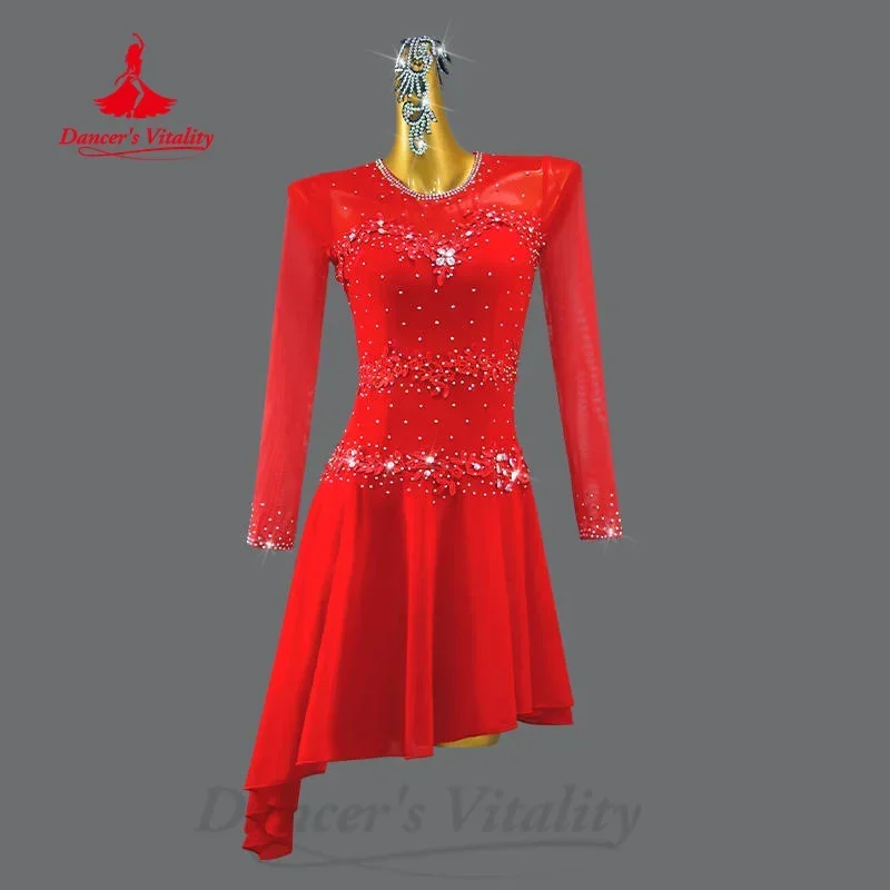 Latin Dance Long Sleeved Dress Women's Customized Light Luxury AB Stones Mesh Dress Adult and Children's Latin Practice Clothes