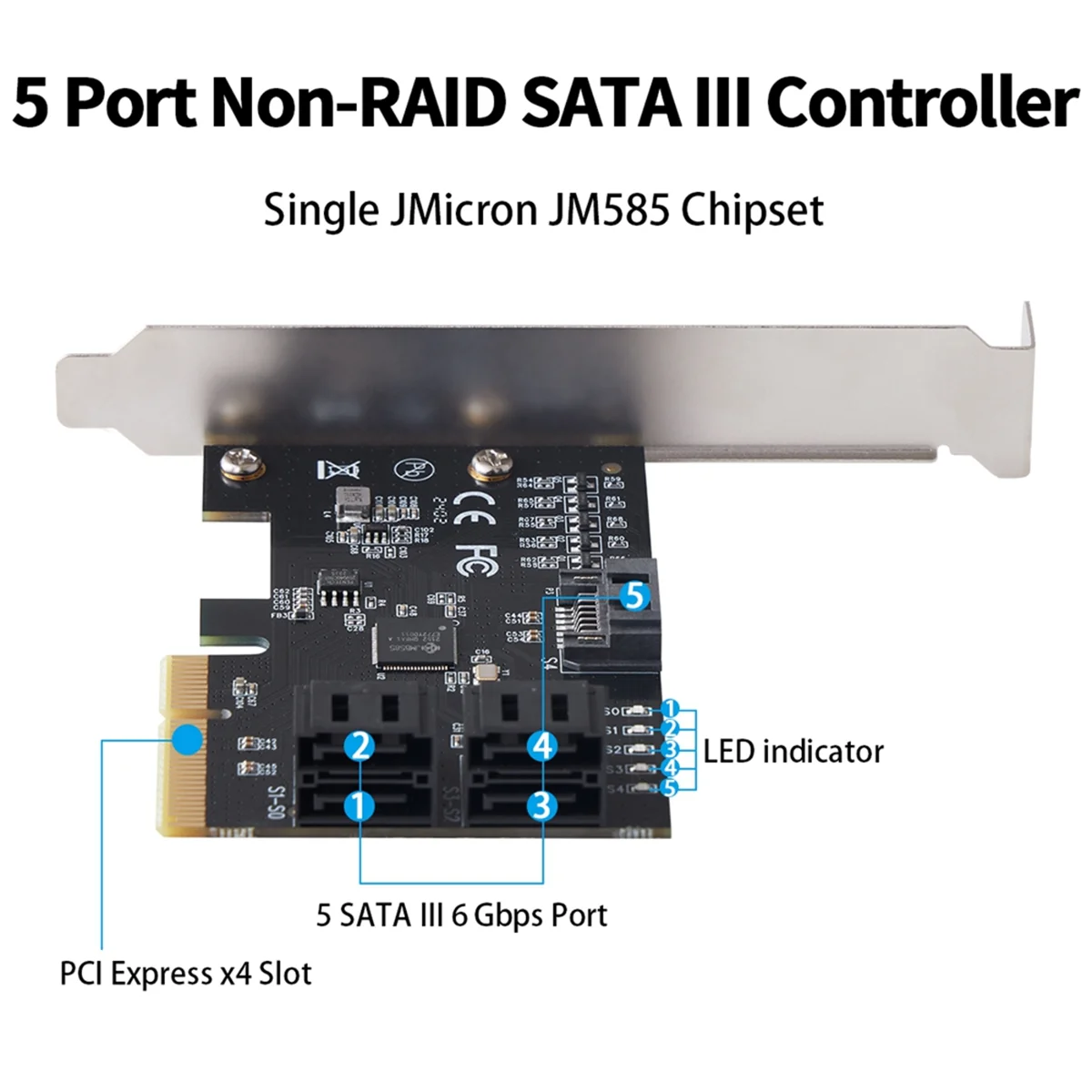 AT87-5 Port SATA III PCIE X4 to SATA 3.0 PCI Express Converter Computer Hard Disk SATA Expansion Card Adapter JMB585 Chip