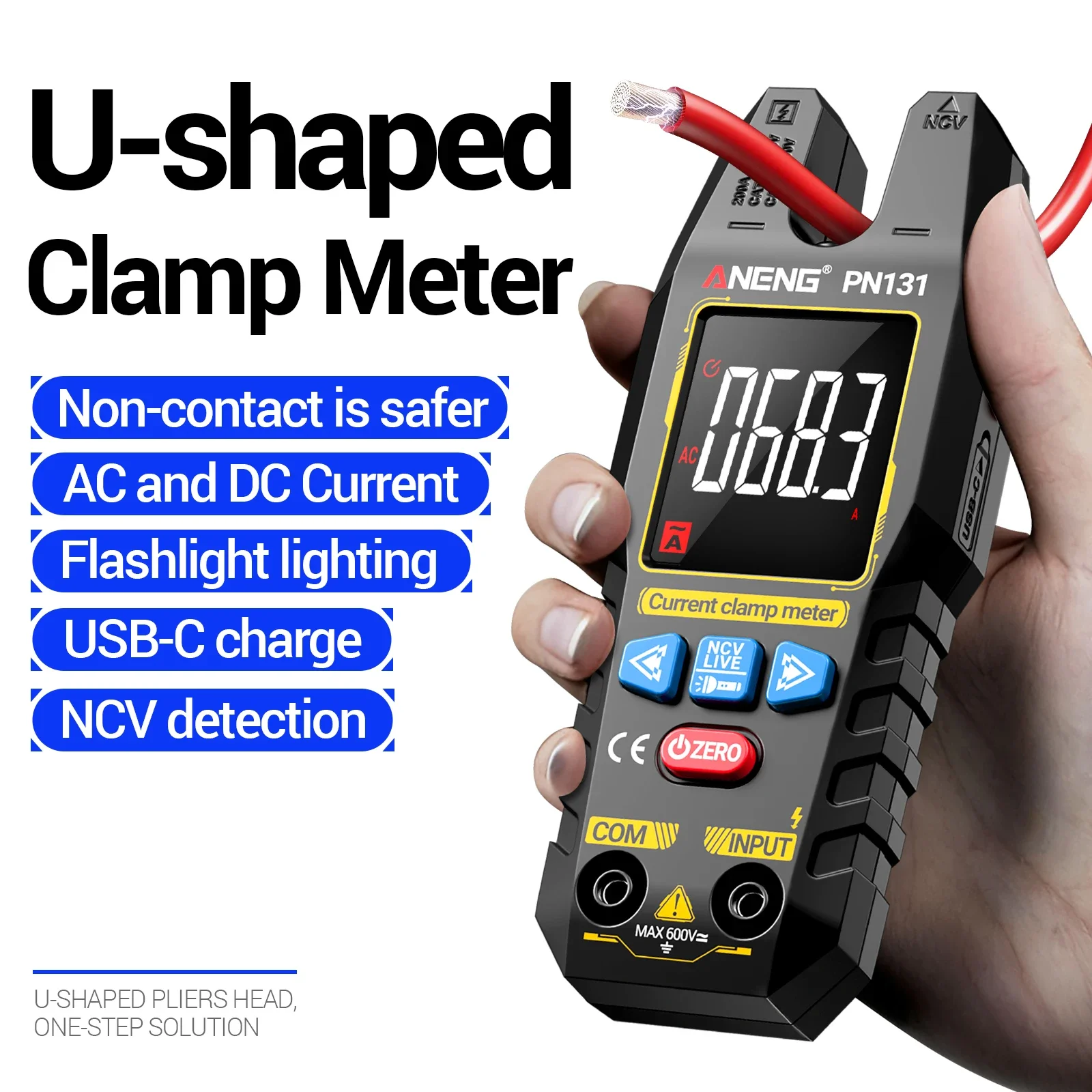 ANENG PN131 Auto Range Clamp Multimeter 4000 Counts AC DC 200A Current Temp NCV Type-C Reverse Color Screen Data Hold Tester