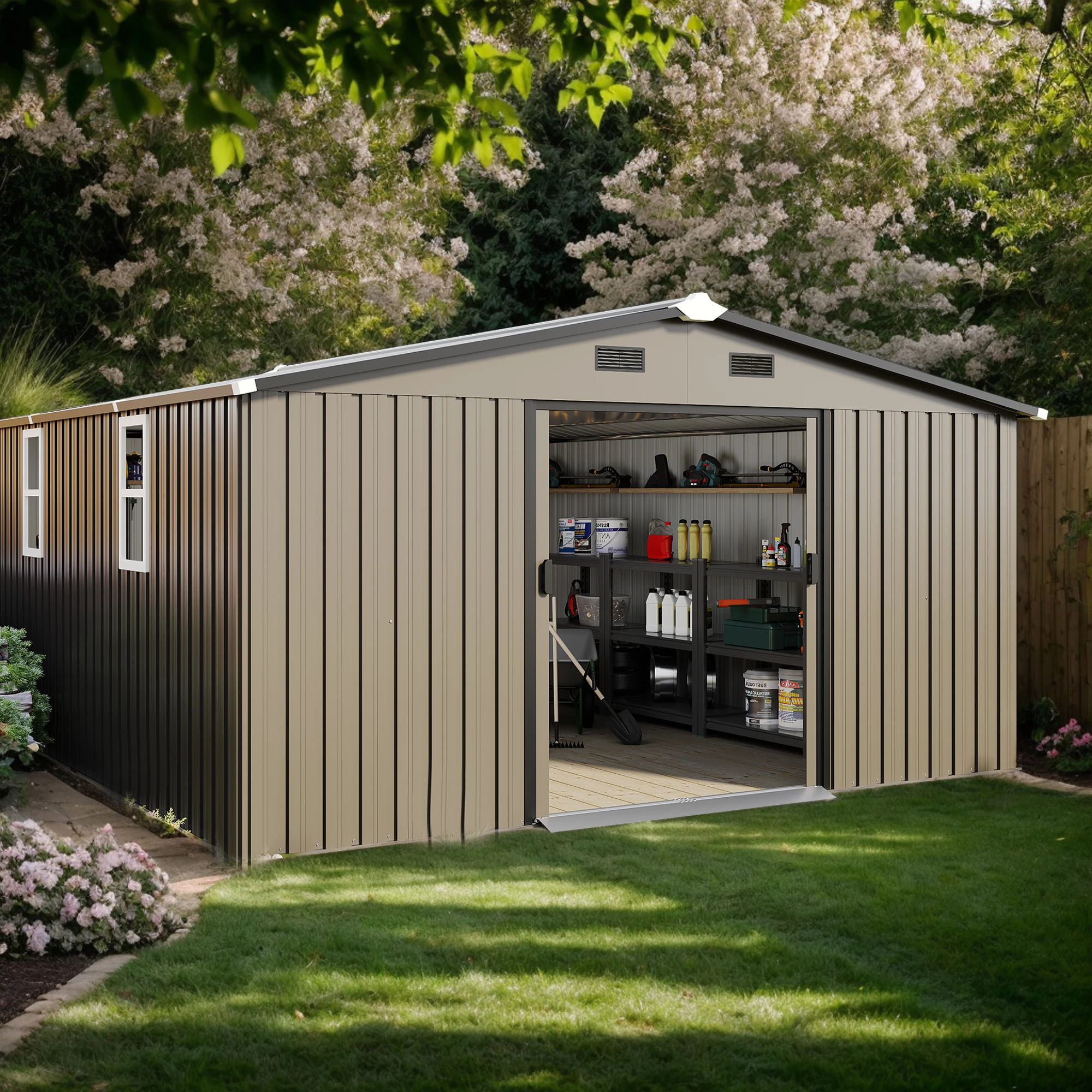 Campcraft 10x12ft Outdoor Storage Shed, 0.25mm Color Steel Metal Shed with 2 Sunlit Windows, Weatherproof Tool Shed for Backyard Garden, 2 Colors Available