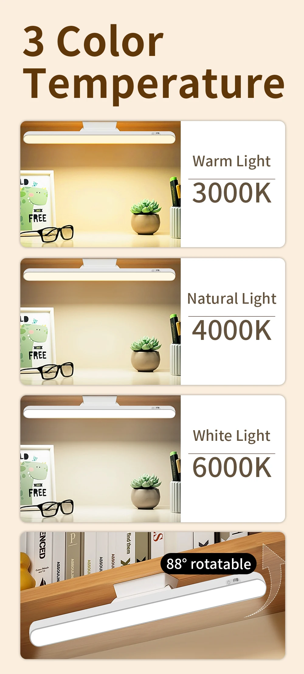 LED Desk Lamp Hanging Magnetic Stepless Dimming LED Night Light USB Rechargeable Bedroom Light Cabinet Closet Reading Night Lamp