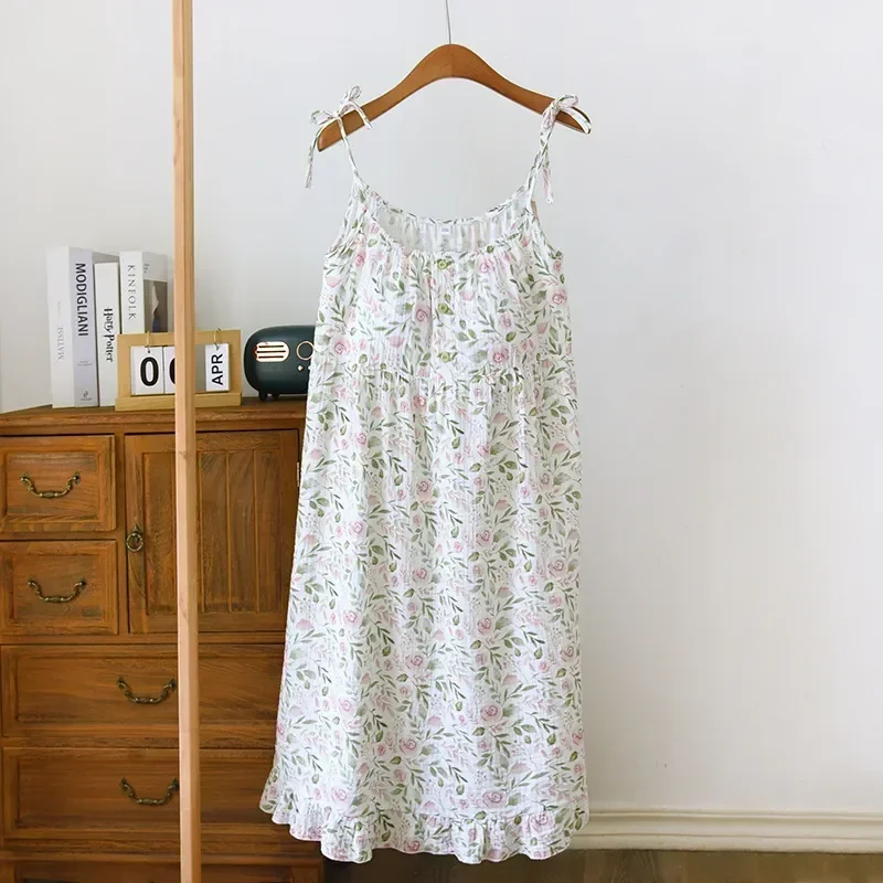 Cool Clothes Home Sleepwear Women Summer Sling Pajamas Floral Chest With Pad Cotton Printing Dress Nightgown Feeling For