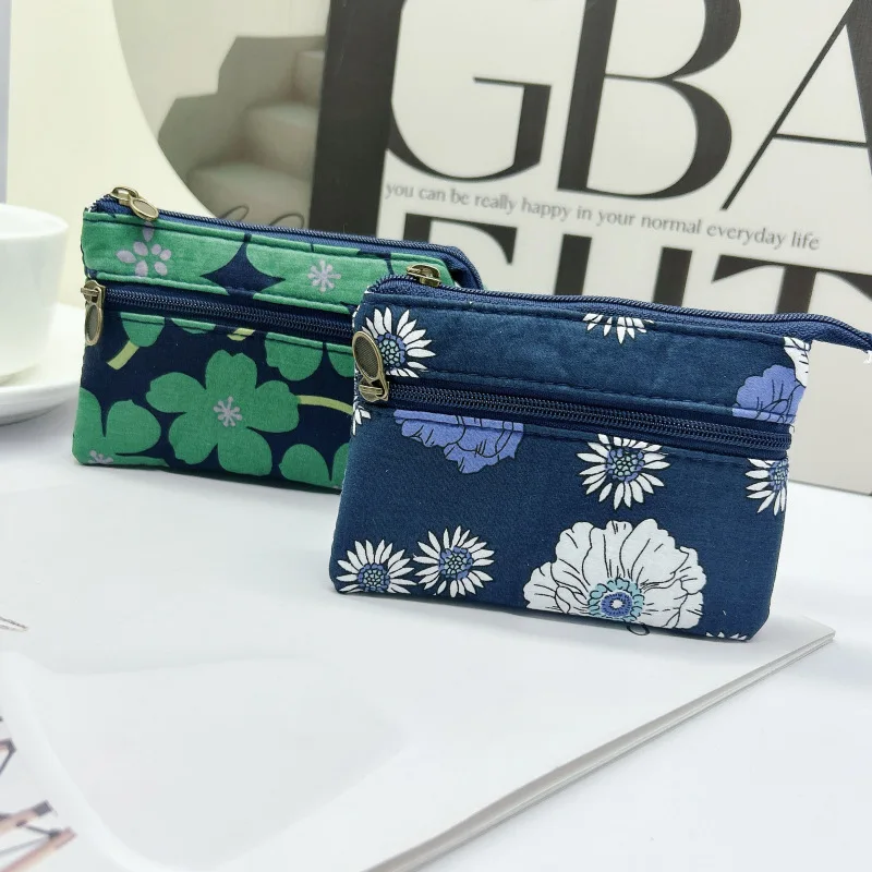 Women's Vintage Portable Wallet Boho Style Small Change Pouch New Dual Zipper Printed Canvas Coin Purse