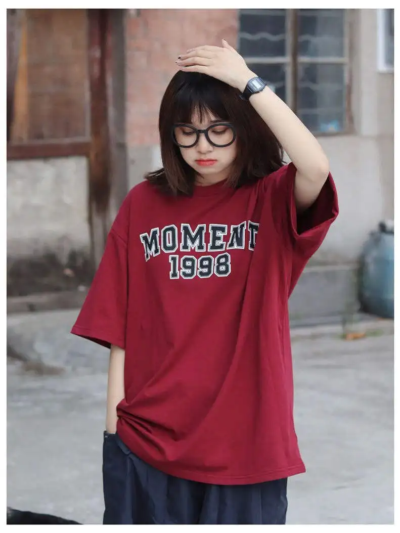 Camiseta Feminina de Verão em Algodão Puro Vermelho Vinho Estilo Retrô Americano, Manga Curta Solta, Design Sensacional, Top ...
