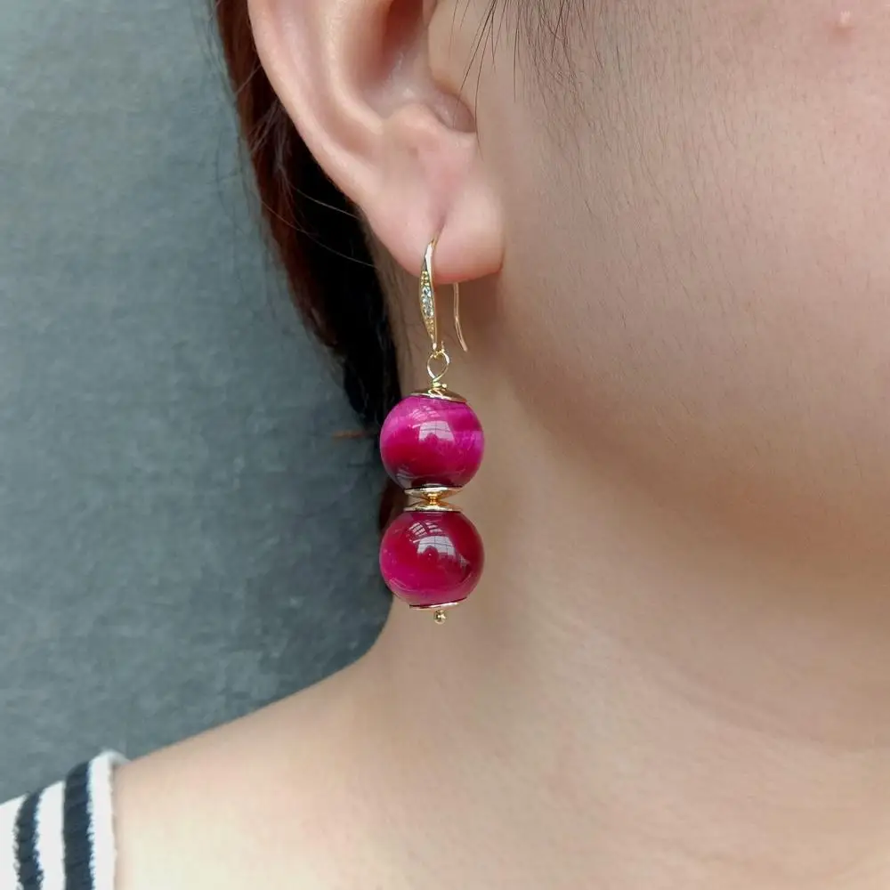 Y·YING Natural Tiger Eye Drop Earrings Fuchsia Color For Women Earring