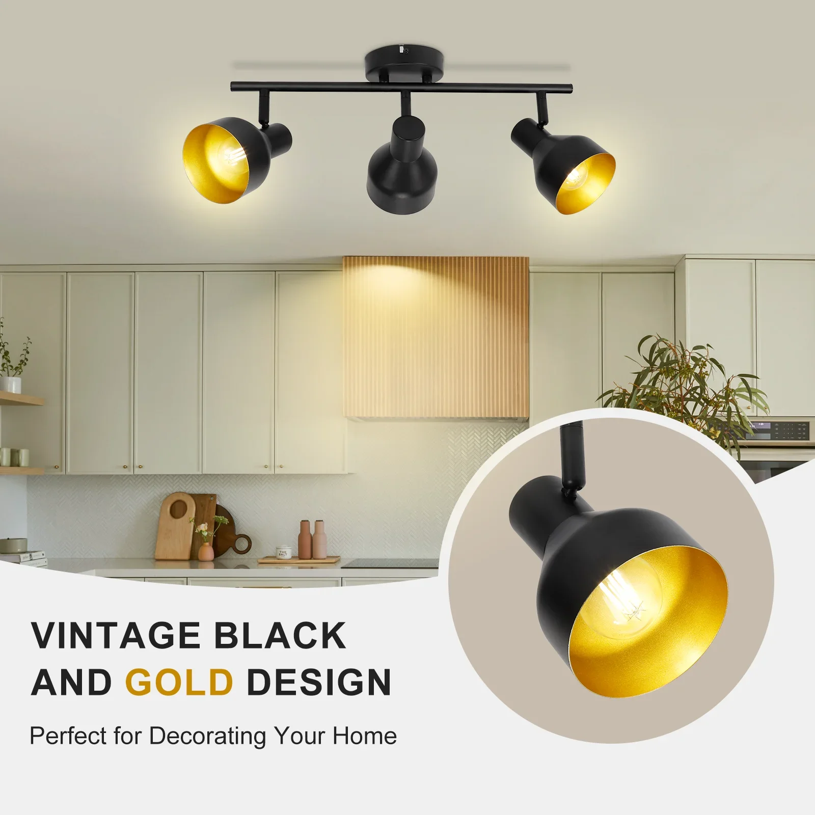 Black Gold Ceiling Lamp Spotlight with 3 Ways  E14 Ceiling Spotlights Adjustable  Retro Ceiling Spotlights  LED