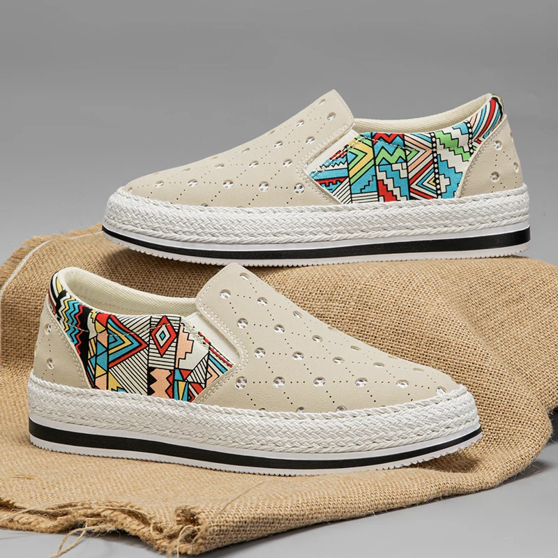 Men Perforated Slip On Shoes Contrast Ethnic Print Splicing No Laces All Match For Walk Vacation Commute